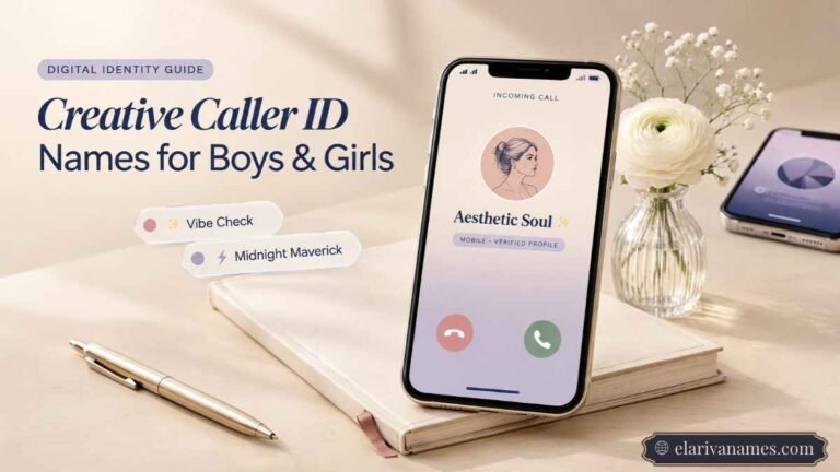 Truecaller Names displayed beside an elegant smartphone with a caller profile on a cream desk.
