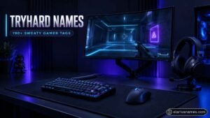 Tryhard Names featured over a premium gaming setup with a mechanical keyboard and mouse.