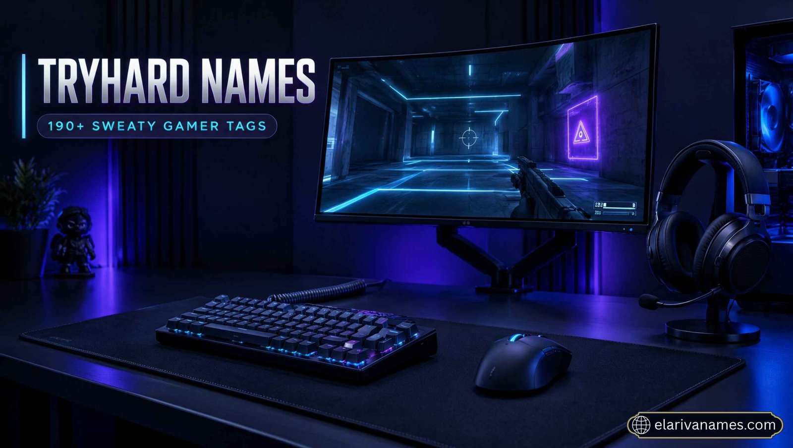 Tryhard Names featured over a premium gaming setup with a mechanical keyboard and mouse.