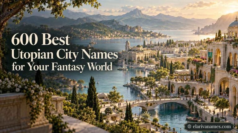 Utopian City Names heading over a sunlit waterfront city with lush gardens.
