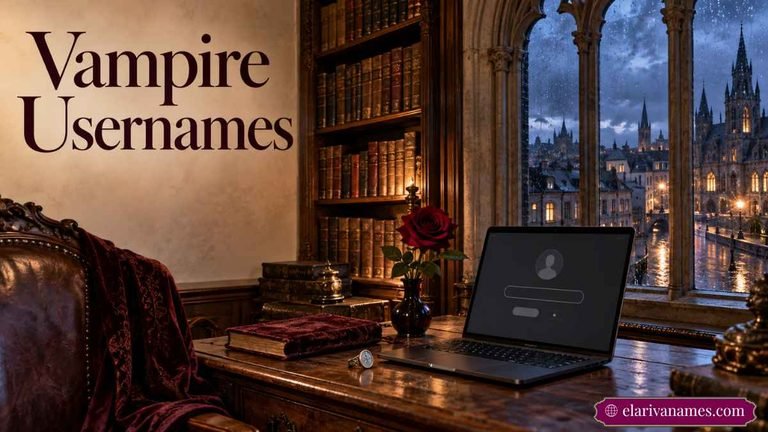 Vampire Usernames heading above a gothic library desk with laptop and crimson rose.