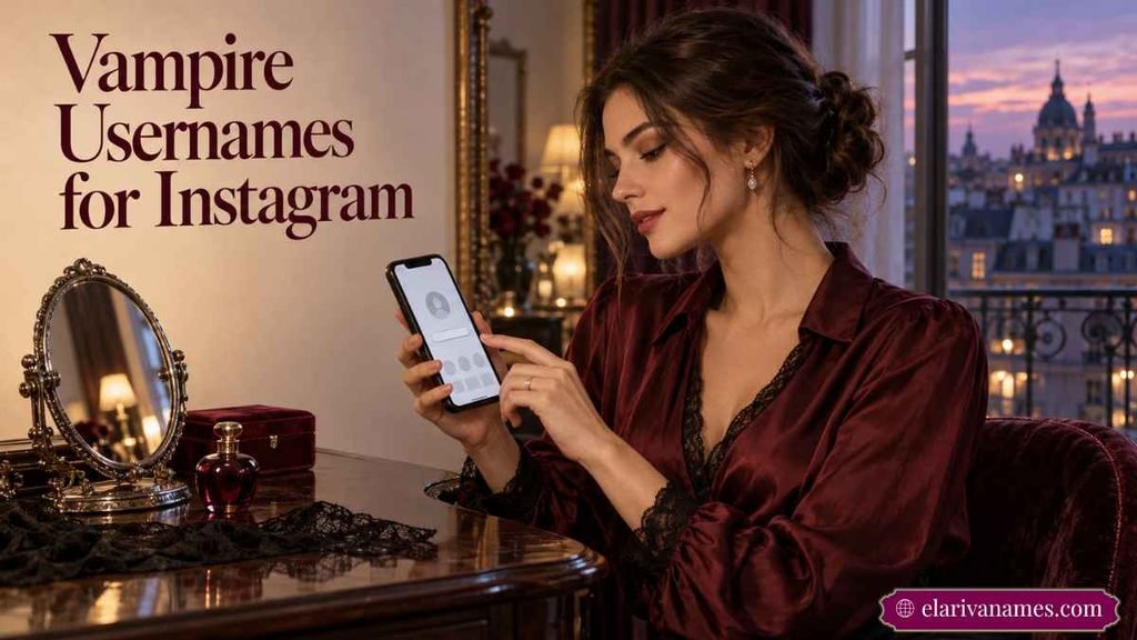 Vampire Usernames for Instagram heading beside a woman customizing her phone profile.